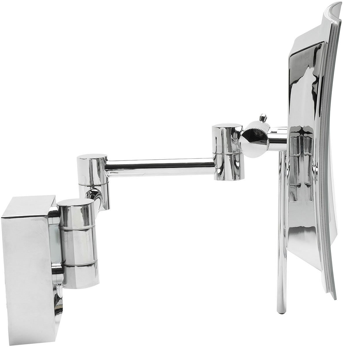 Adjustment handle behind the mirror face facilitates mirror adjustment without touching the glass and "fingerprinting" it.