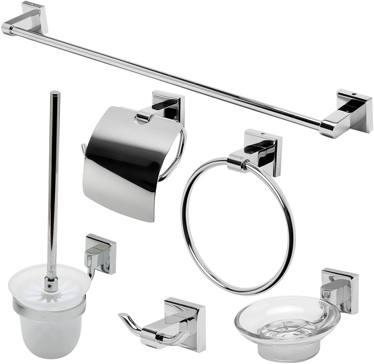 Polished Chrome.  Everything you need is included: Towel Bar, Soap Dish, Towel Ring, Covered TP Holder, Robe/Towel Hook, Toilet Brush Set