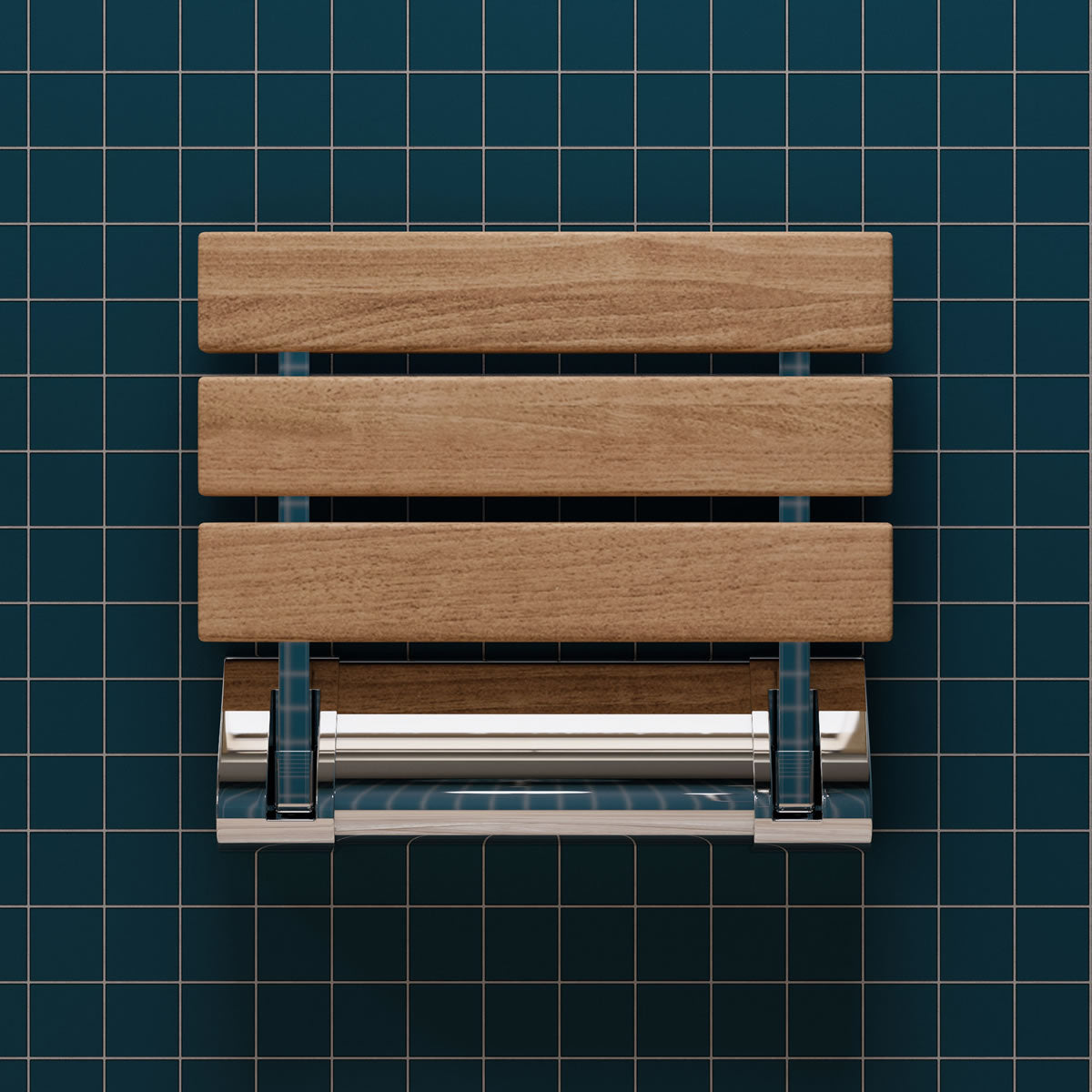 Alfi brand ADA Folding Teak Shower Seat with Accents in Polished Chrome or Brushed Nickel
