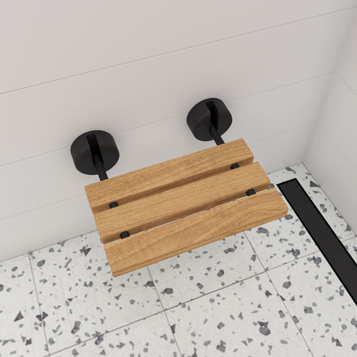Alfi brand ADA Folding Teak Shower Seat 16" Wide, Accents finished in Matte Black
