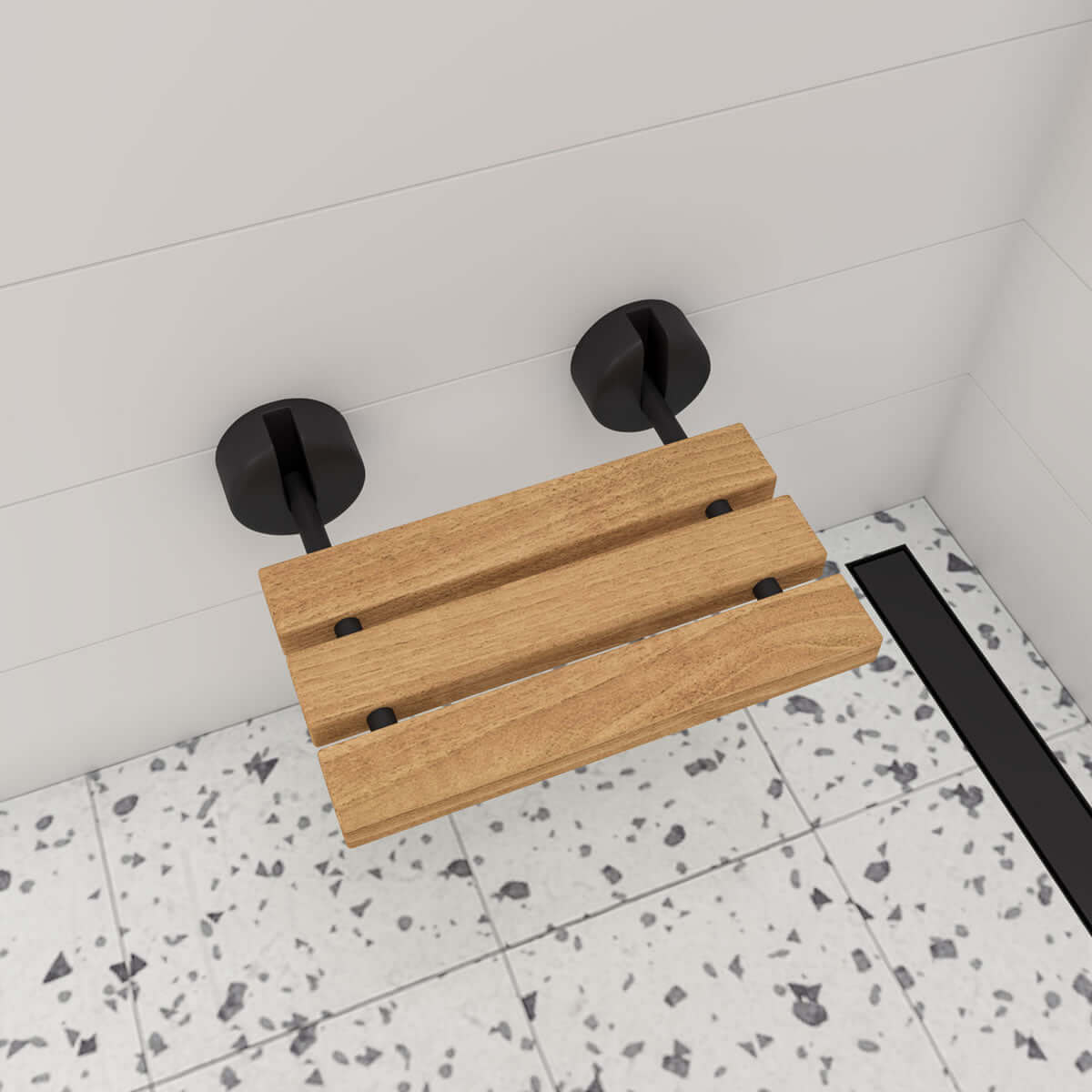 ADA Folding Teak Shower Seat 16" Wide, Accents finished in Matte Black - Alfi Brand