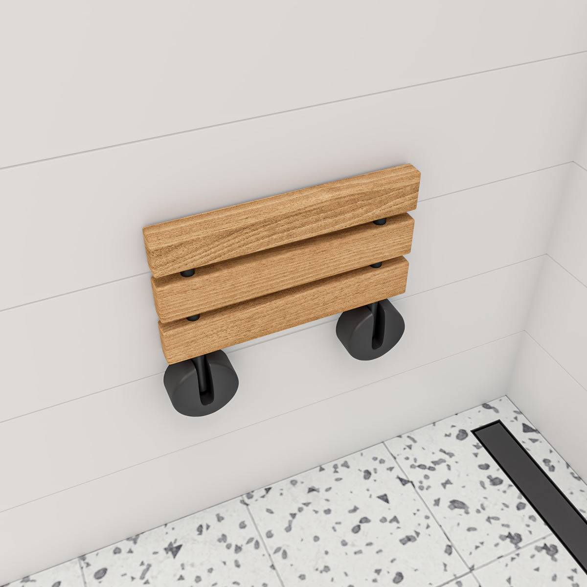 Alfi brand ADA Folding Teak Shower Seat 16" Wide, Accents finished in Matte Black