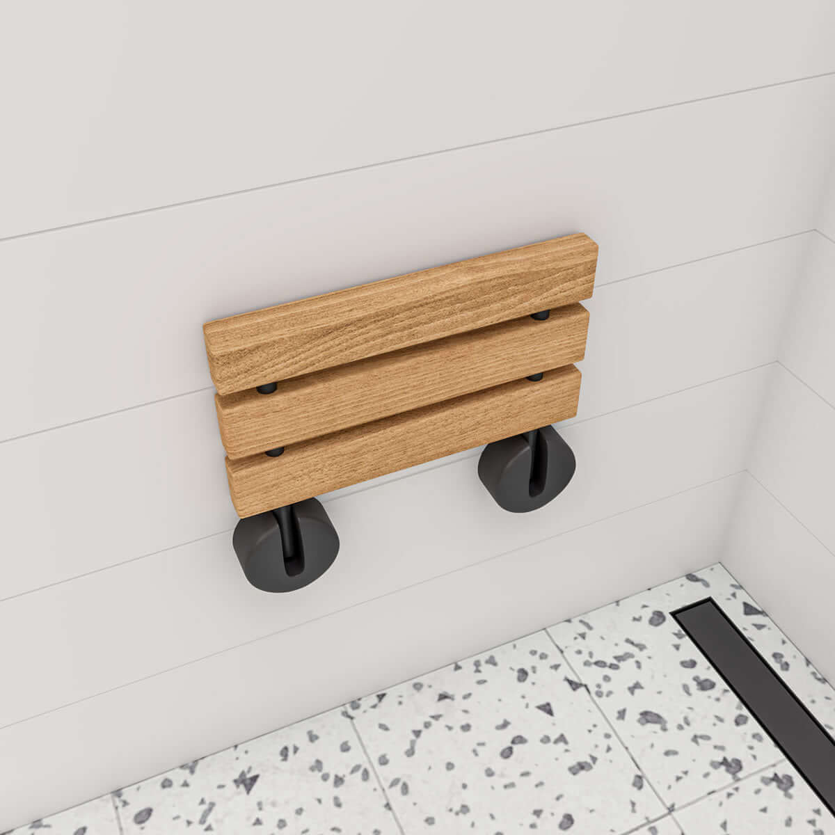 ADA Folding Teak Shower Seat 16" Wide, Accents finished in Matte Black - Alfi Brand