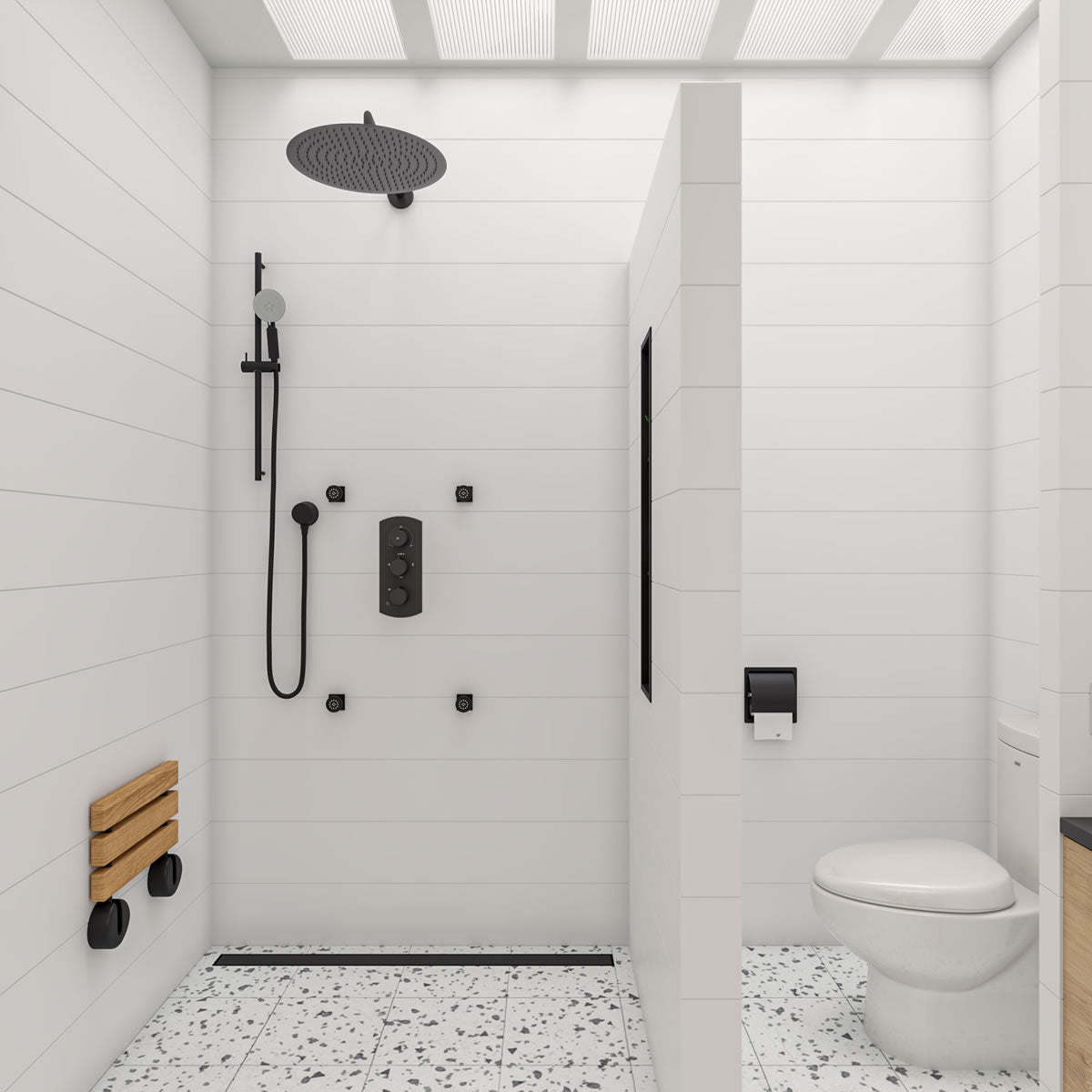 Alfi brand ADA Folding Teak Shower Seat 16" Wide, Accents finished in Matte Black