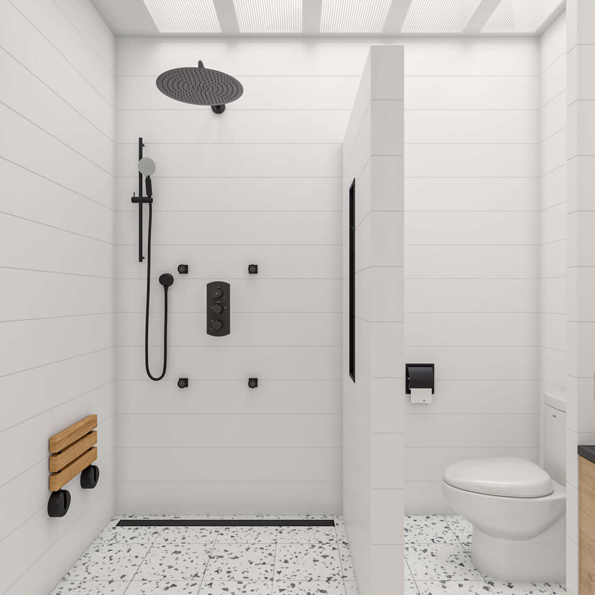 ADA Folding Teak Shower Seat 16" Wide, Accents finished in Matte Black - Alfi Brand
