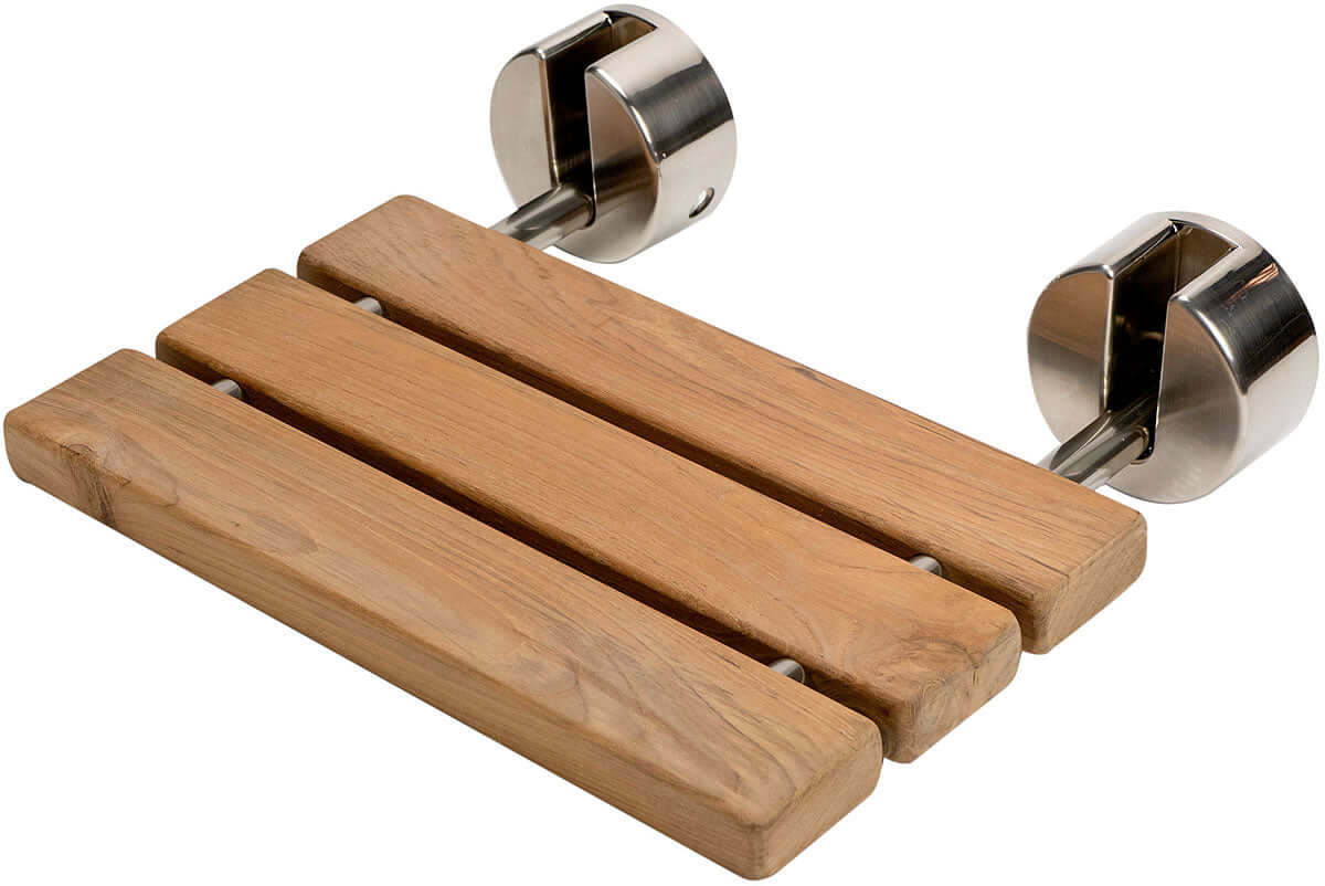 ADA Folding Teak Shower Seat 16" Wide, Accents in Polished Chrome or Brushed Nickel - Alfi Brand