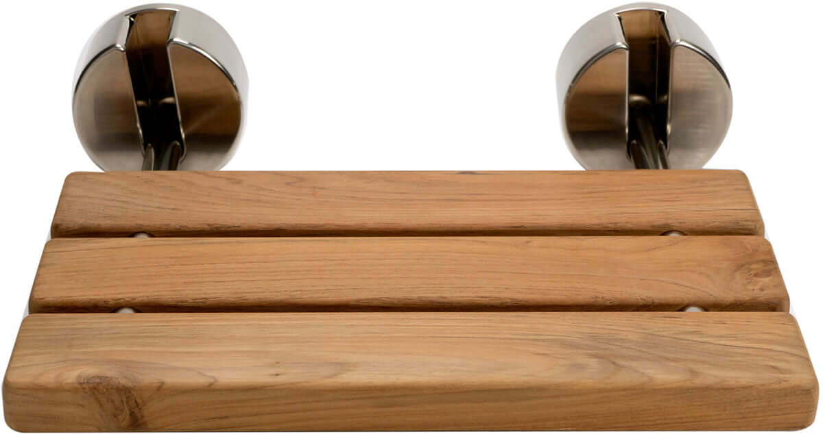 ADA Folding Teak Shower Seat 16" Wide, Accents in Polished Chrome or Brushed Nickel - Alfi Brand