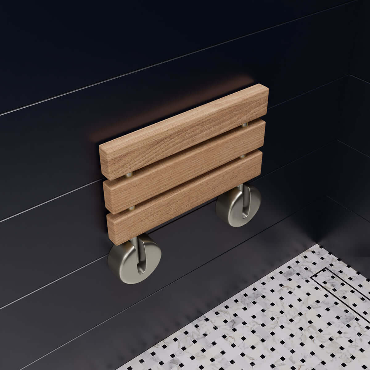 ADA Folding Teak Shower Seat 16" Wide, Accents in Polished Chrome or Brushed Nickel - Alfi Brand