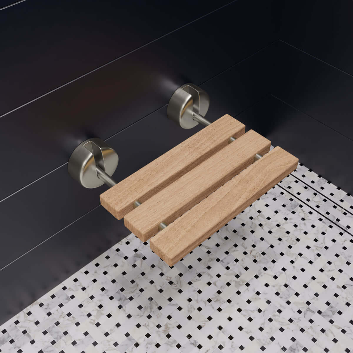 ADA Folding Teak Shower Seat 16" Wide, Accents in Polished Chrome or Brushed Nickel - Alfi Brand