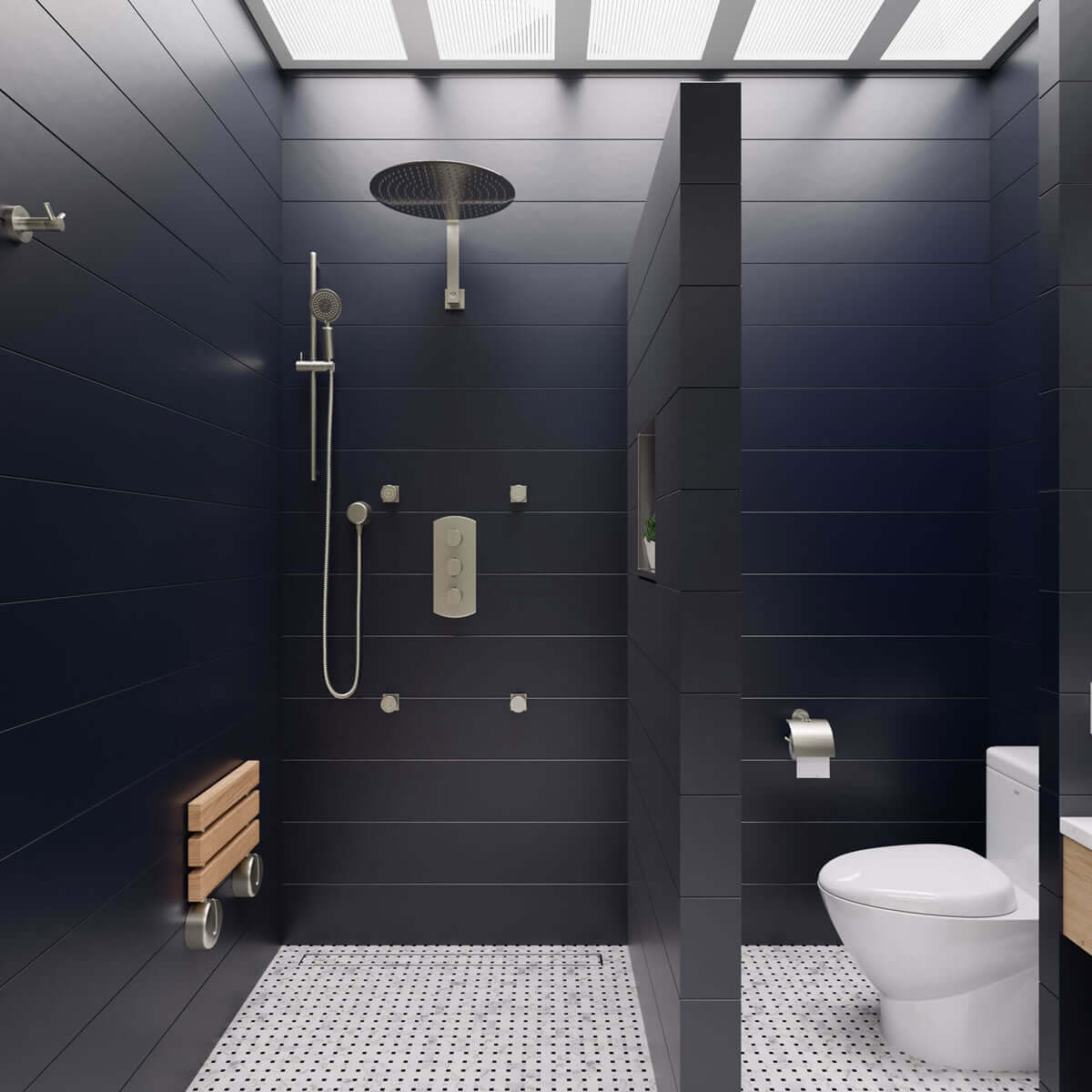 ADA Folding Teak Shower Seat 16" Wide, Accents in Polished Chrome or Brushed Nickel - Alfi Brand