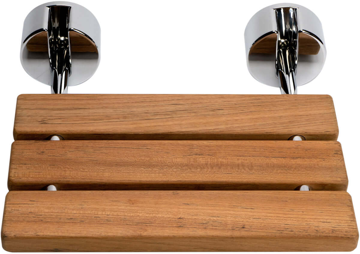 ADA Folding Teak Shower Seat 16" Wide, Accents in Polished Chrome or Brushed Nickel - Alfi Brand