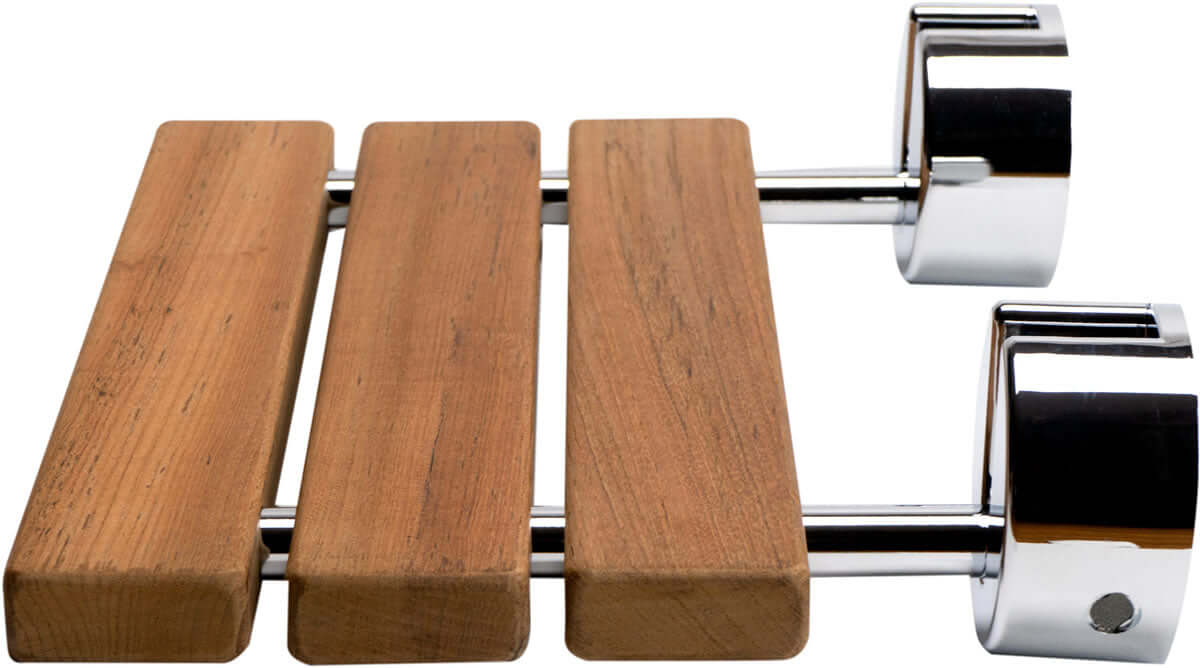 ADA Folding Teak Shower Seat 16" Wide, Accents in Polished Chrome or Brushed Nickel - Alfi Brand