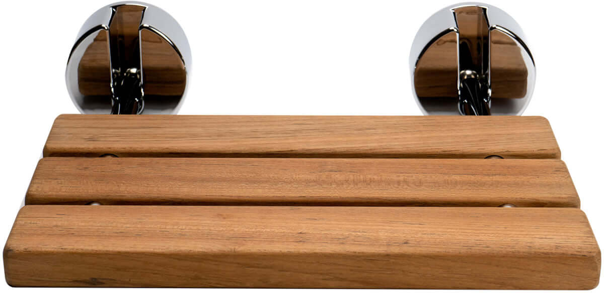 ADA Folding Teak Shower Seat 16" Wide, Accents in Polished Chrome or Brushed Nickel - Alfi Brand