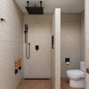 Alfi brand ADA Folding Teak Shower Seat 16" Wide, with Square Accents finished in Matte Black