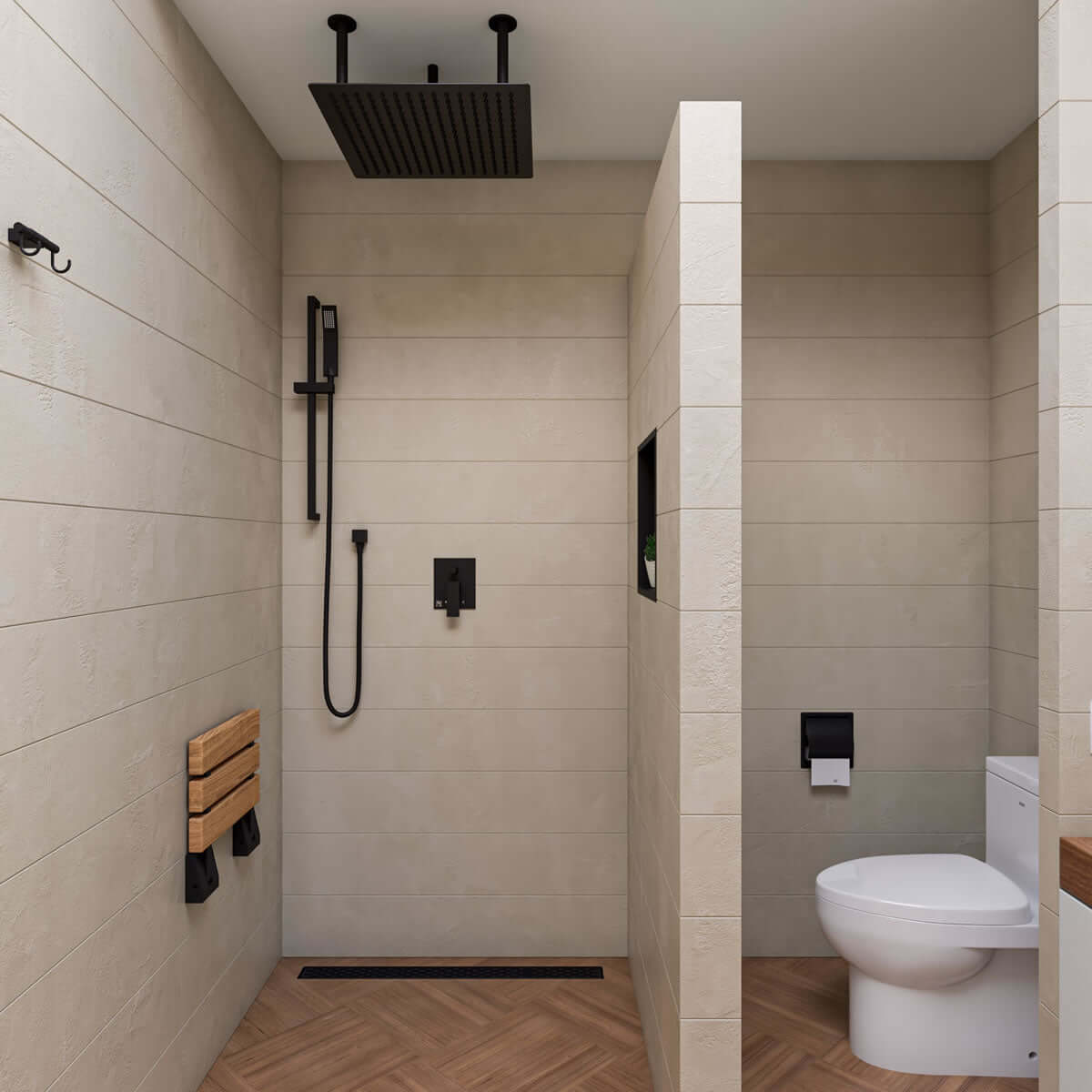ADA Folding Teak Shower Seat 16" Wide, with Square Accents finished in Matte Black - Alfi Brand