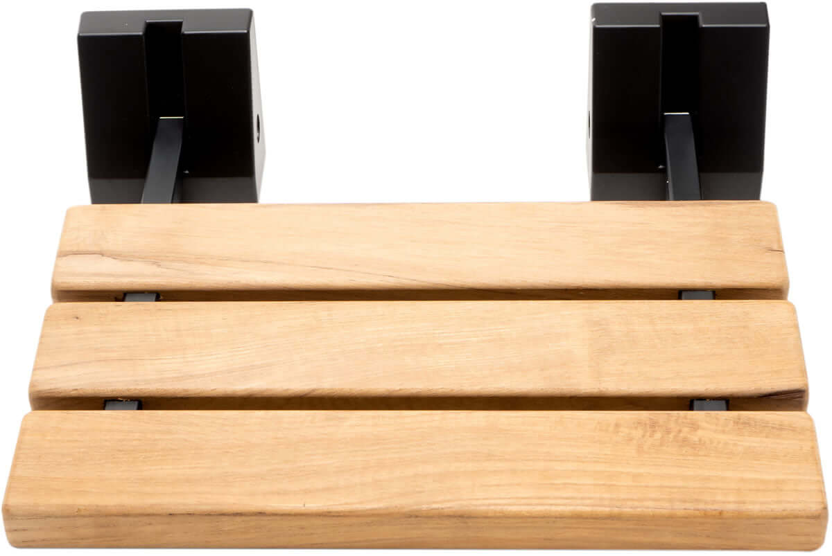 ADA Folding Teak Shower Seat 16" Wide, with Square Accents finished in Matte Black - Alfi Brand