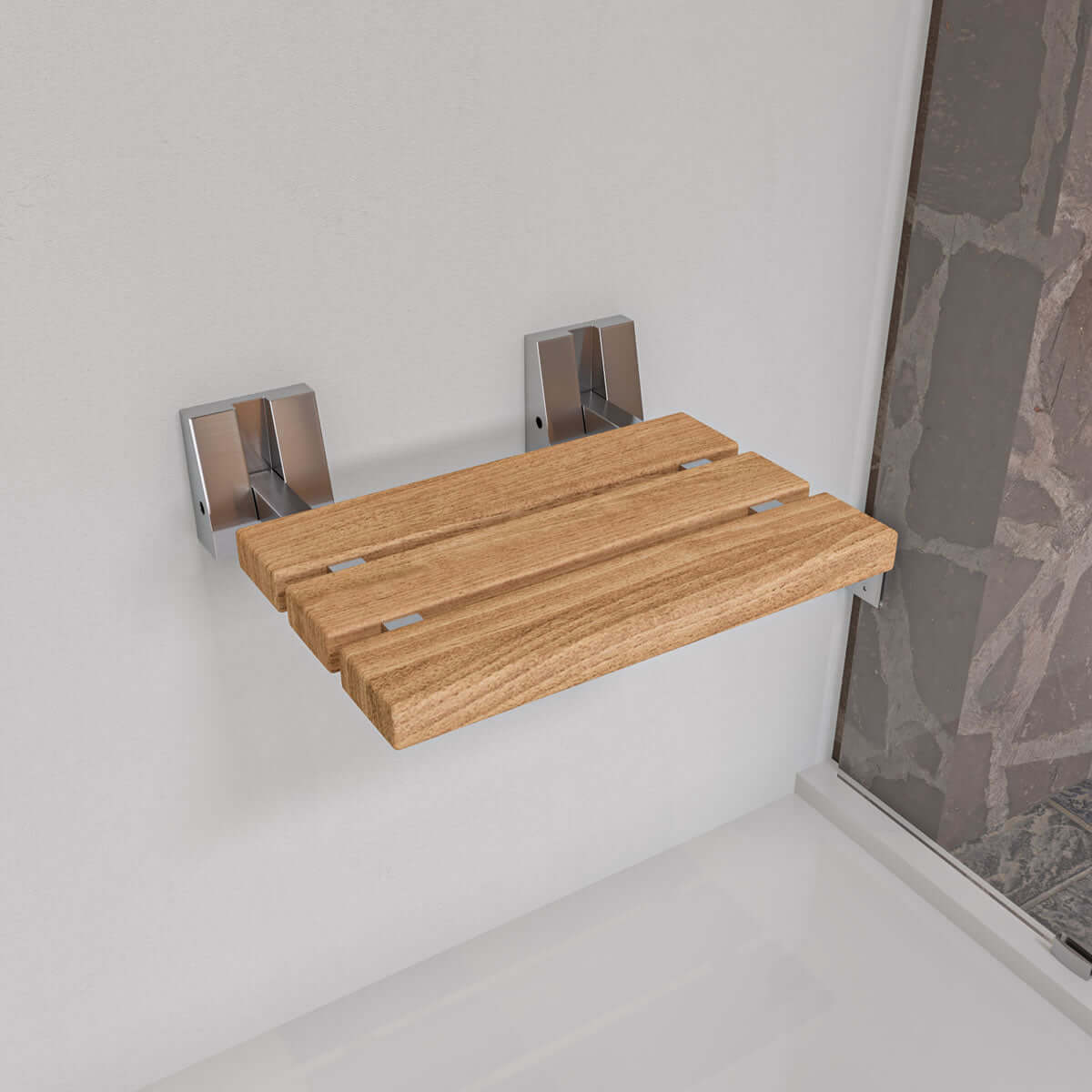 ADA Folding Teak Shower Seat 16" Wide, Square Pivots, Polished Chrome or Brushed Nickel - Alfi Brand