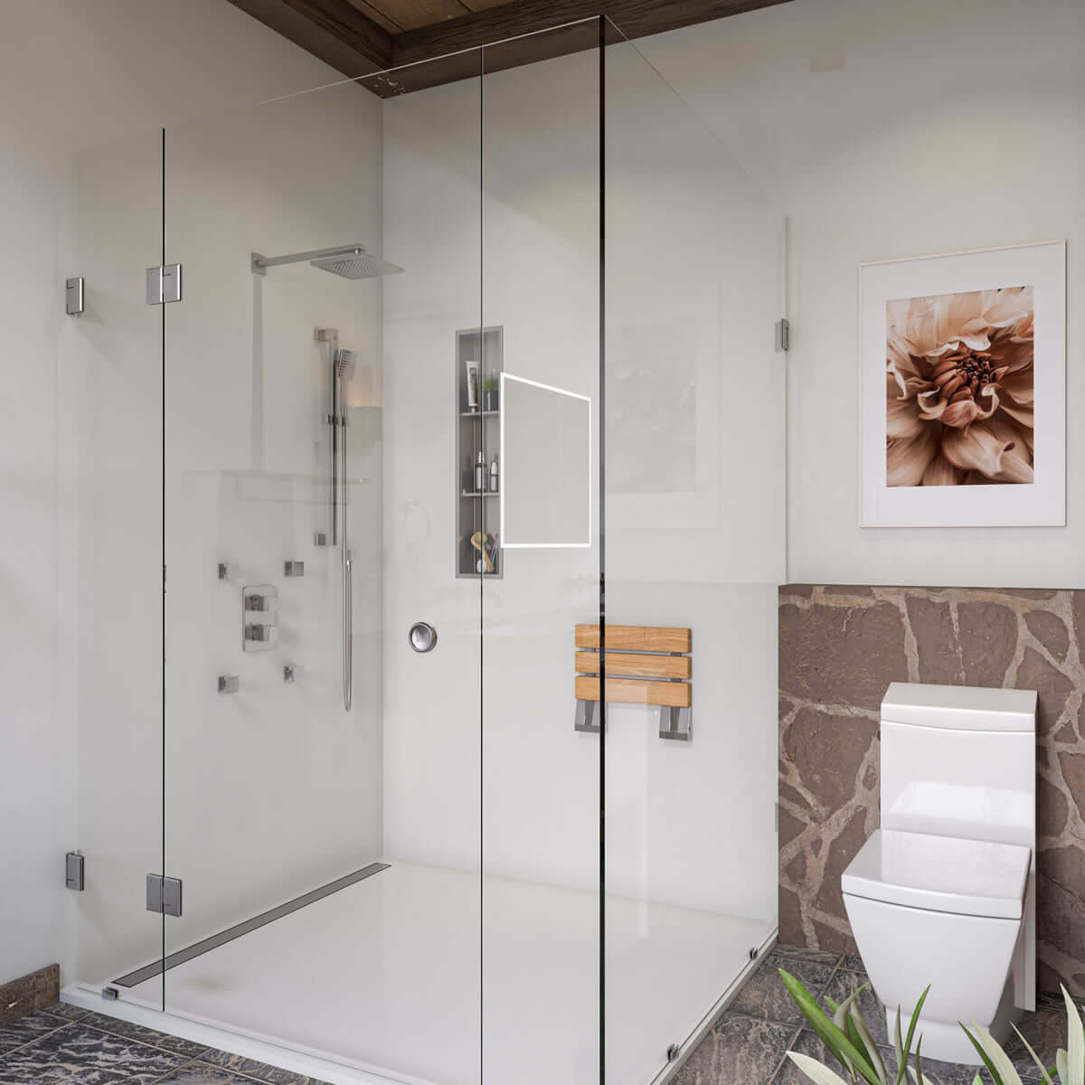 ADA Folding Teak Shower Seat 16" Wide, Square Pivots, Polished Chrome or Brushed Nickel - Alfi Brand