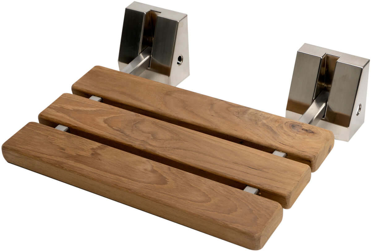 ADA Folding Teak Shower Seat 16" Wide, Square Pivots, Polished Chrome or Brushed Nickel - Alfi Brand