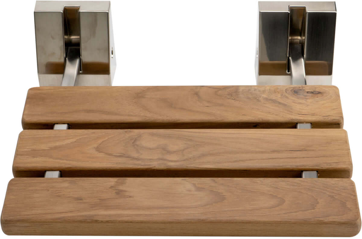 ADA Folding Teak Shower Seat 16" Wide, Square Pivots, Polished Chrome or Brushed Nickel - Alfi Brand
