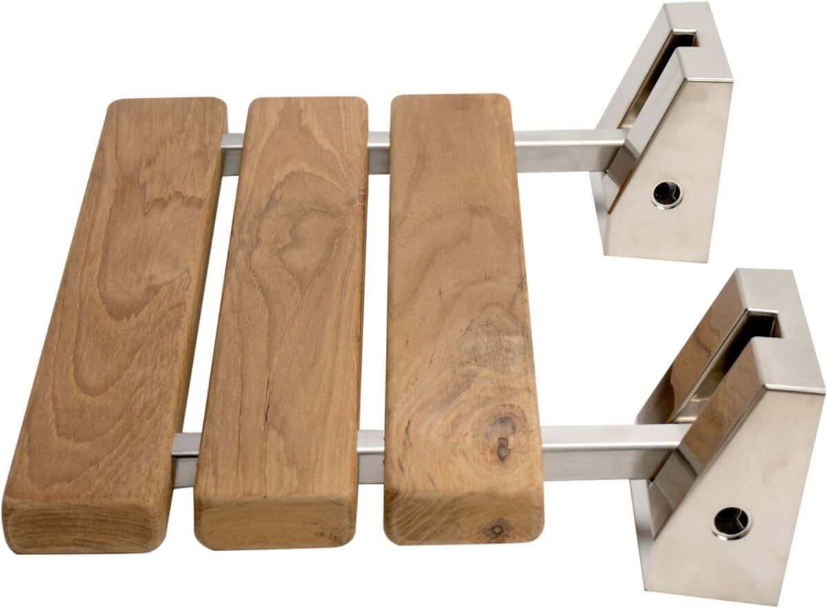 ADA Folding Teak Shower Seat 16" Wide, Square Pivots, Polished Chrome or Brushed Nickel - Alfi Brand