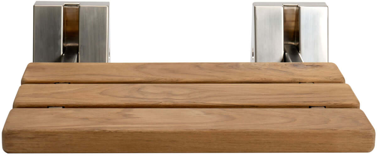 ADA Folding Teak Shower Seat 16" Wide, Square Pivots, Polished Chrome or Brushed Nickel - Alfi Brand