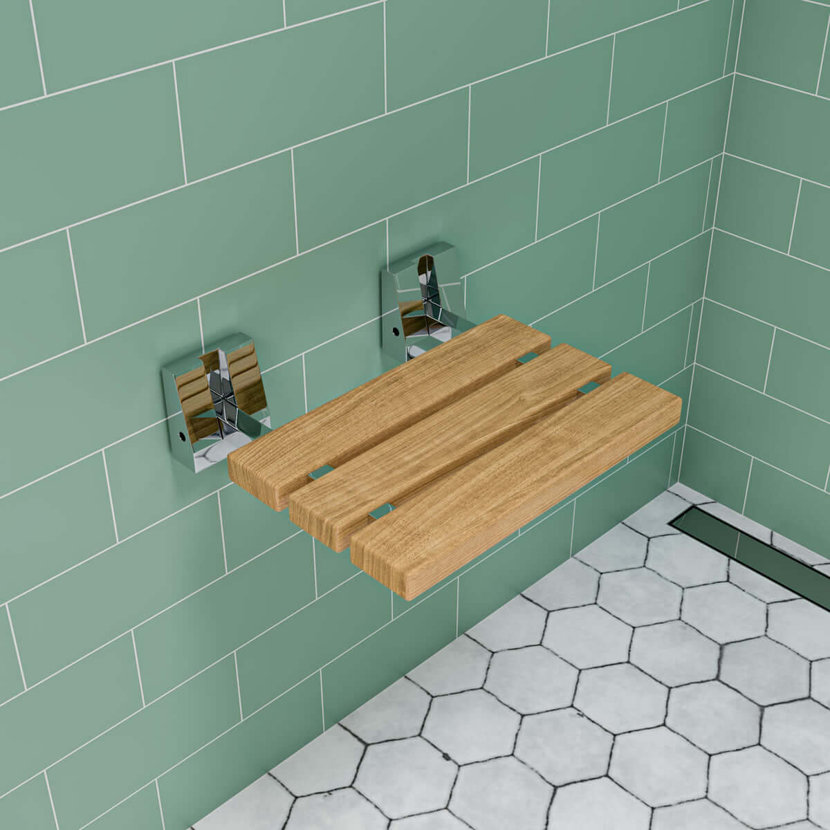 ADA Folding Teak Shower Seat 16" Wide, Square Pivots, Polished Chrome or Brushed Nickel - Alfi Brand