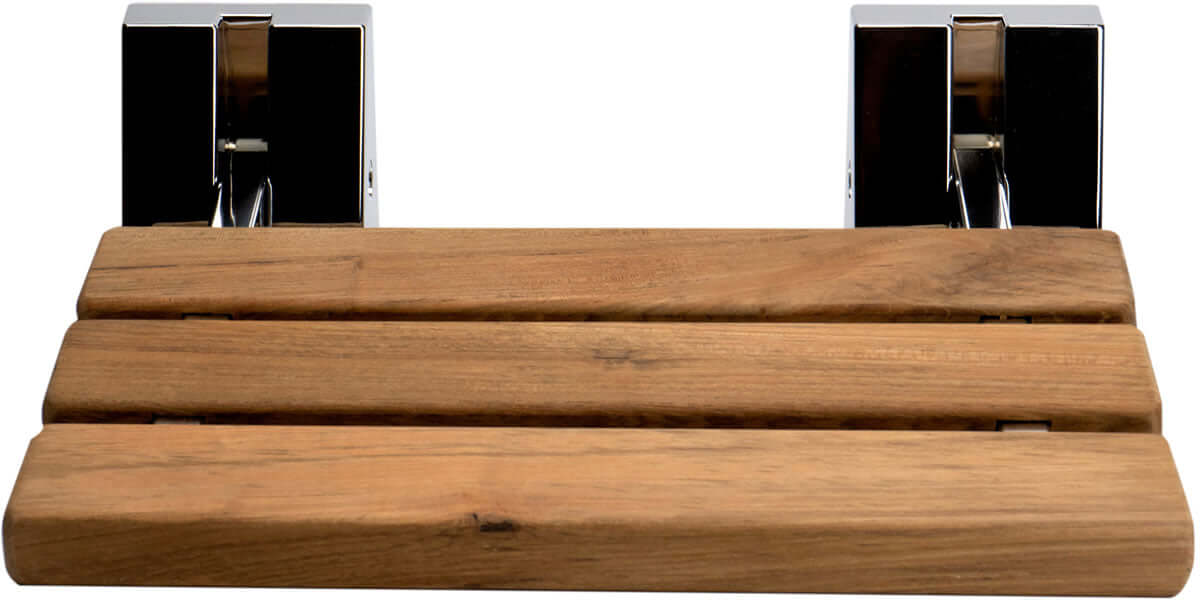 ADA Folding Teak Shower Seat 16" Wide, Square Pivots, Polished Chrome or Brushed Nickel - Alfi Brand