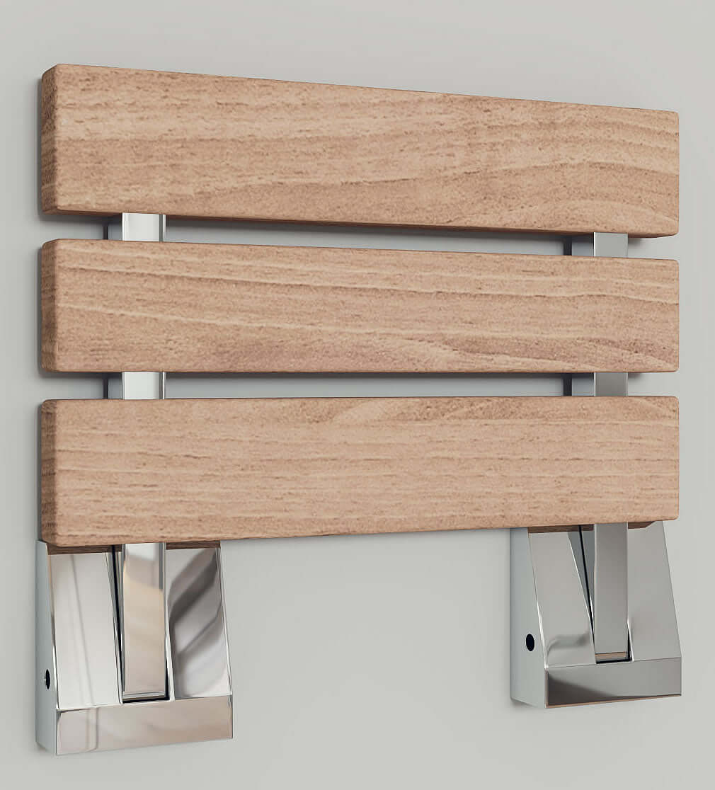 ADA Folding Teak Shower Seat 16" Wide, Square Pivots, Polished Chrome or Brushed Nickel - Alfi Brand