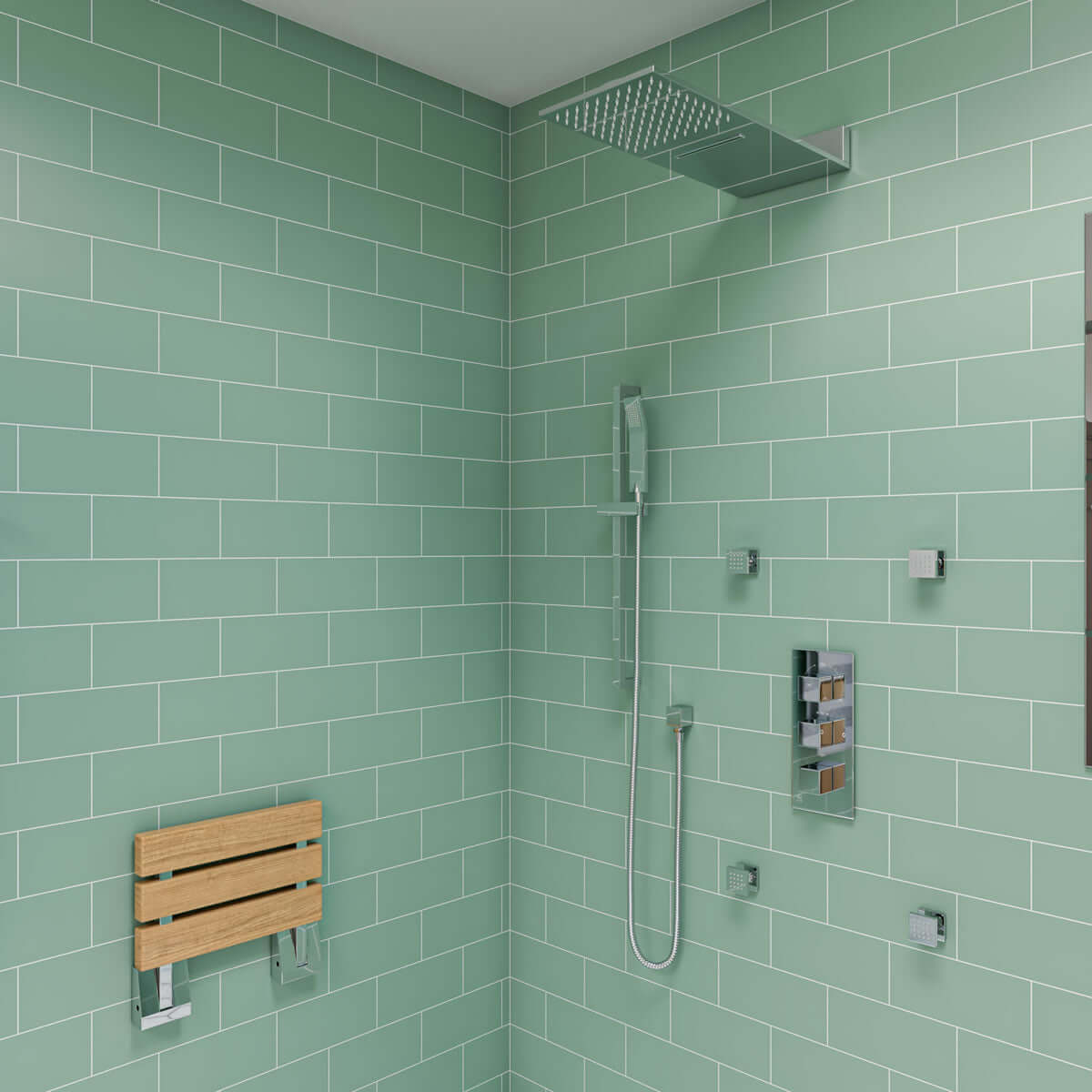 ADA Folding Teak Shower Seat 16" Wide, Square Pivots, Polished Chrome or Brushed Nickel - Alfi Brand