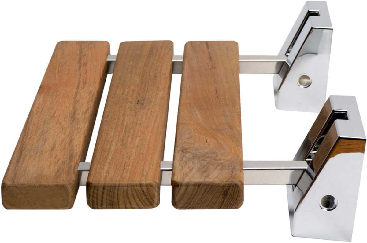 ADA Folding Teak Shower Seat 16" Wide, Square Pivots, Polished Chrome or Brushed Nickel - Alfi Brand