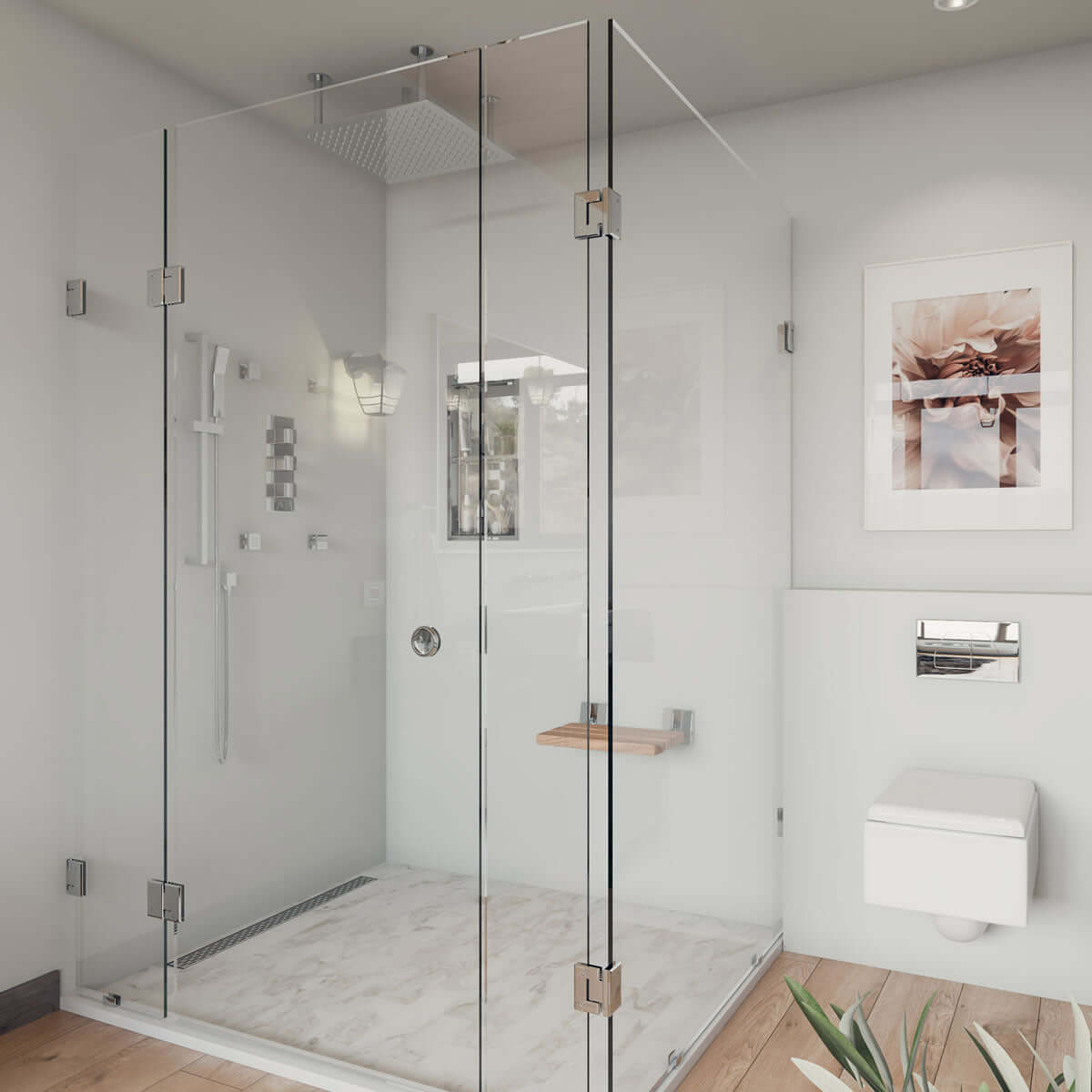 ADA Folding Teak Shower Seat 16" Wide, Square Pivots, Polished Chrome or Brushed Nickel - Alfi Brand
