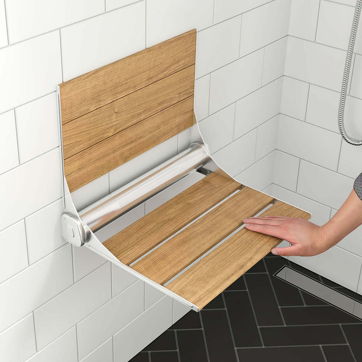 ADA Folding Teak Shower Seat 16" Wide with Back or Light Grey - Alfi brand