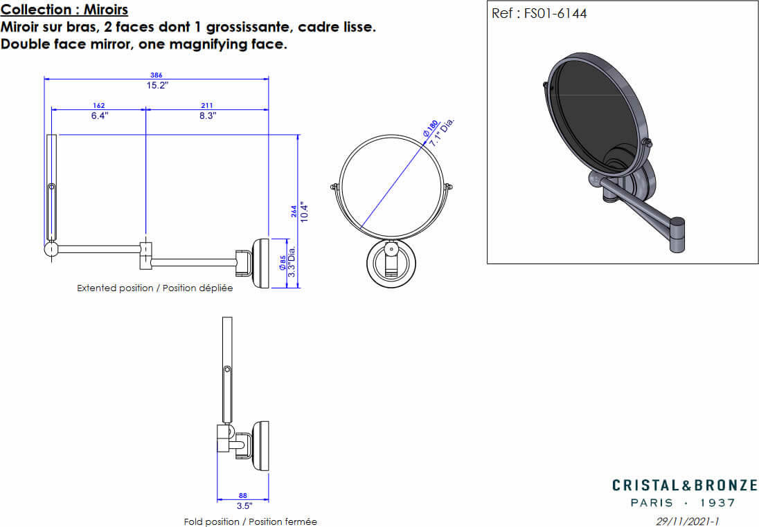 Wall Mounted Double-Arm mirror, technical drawing