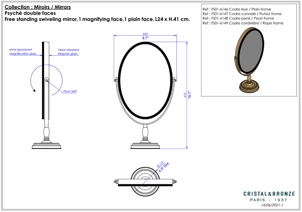 3x/1x Reversible Vanity Mirror - Pearl or Corded Frame - Cristal & Bronze - Perfect Makeup Mirrors