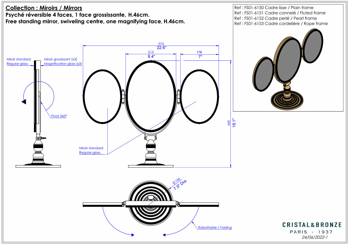 3x/1x 4-Face Vanity Mirror - Plain or Fluted Frame - Cristal & Bronze - Perfect Makeup Mirrors
