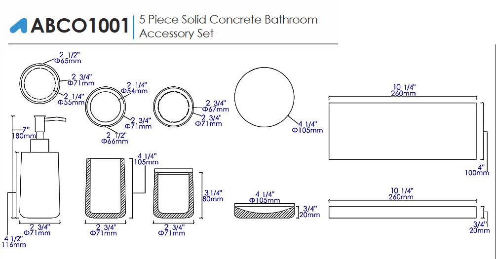 ALFI brand ABCO1001 5-Piece Solid Concrete Gray Matte Bathroom Accessory Set