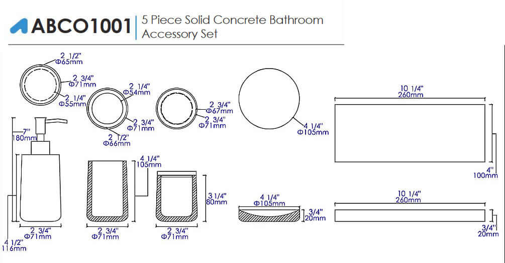 ABCO1001 5-Piece Solid Concrete Gray Matte Bathroom Accessory Set - Alfi brand