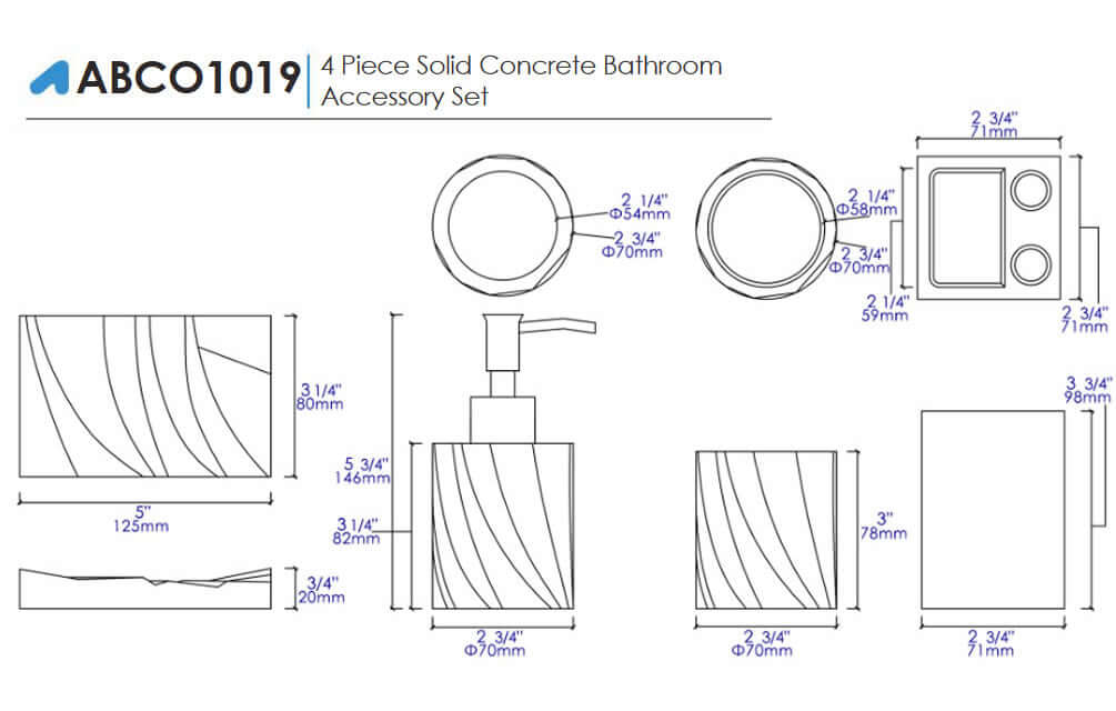 ABCO1019 4-Piece Solid Concrete Gray Matte Bathroom Accessory Set - Alfi brand