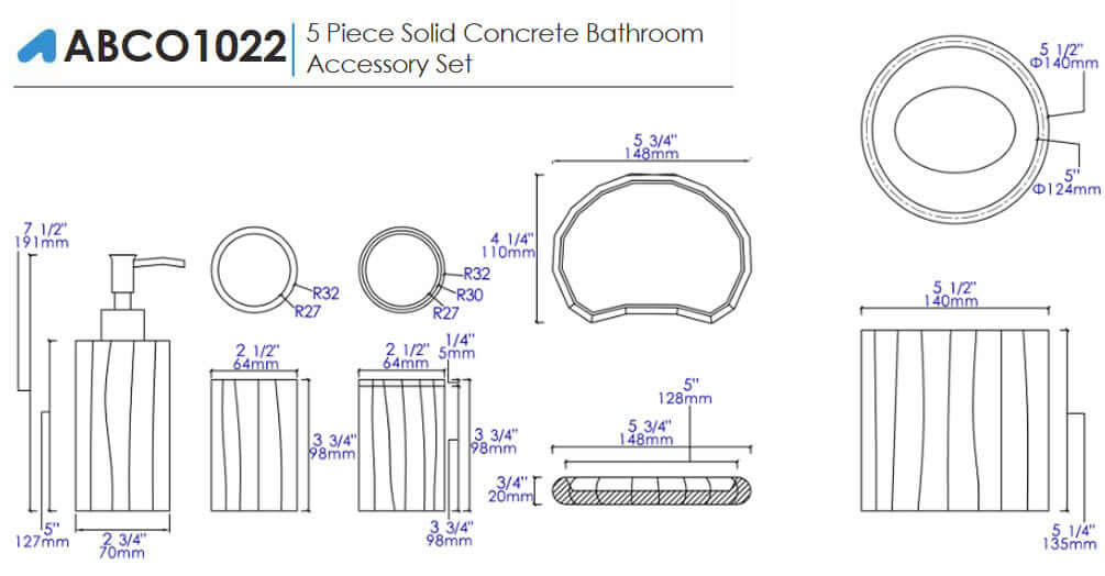 ABCO1022 5-Piece Solid Concrete Gray Matte Bathroom Accessory Set - Alfi brand
