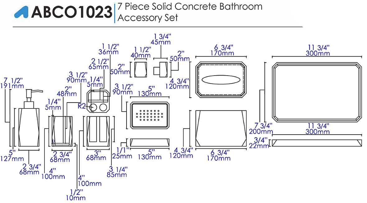 ALFI brand ABCO1023 7-Piece Solid Concrete Gray Matte Bathroom Accessory Set