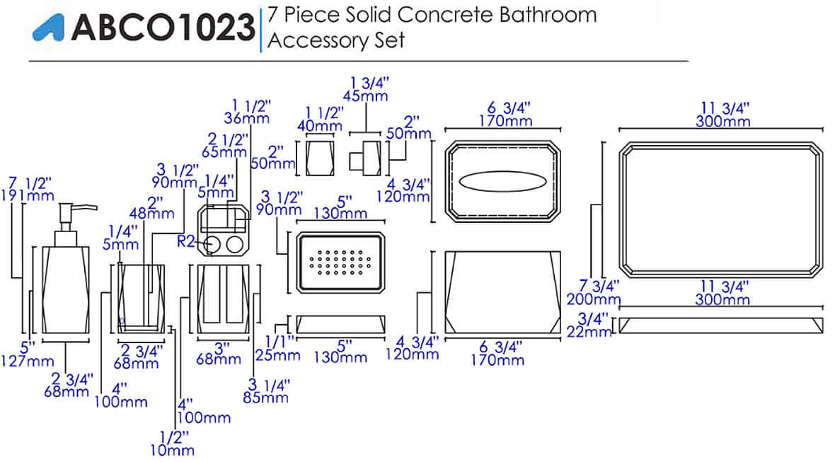ABCO1023 7-Piece Solid Concrete Gray Matte Bathroom Accessory Set - Alfi brand