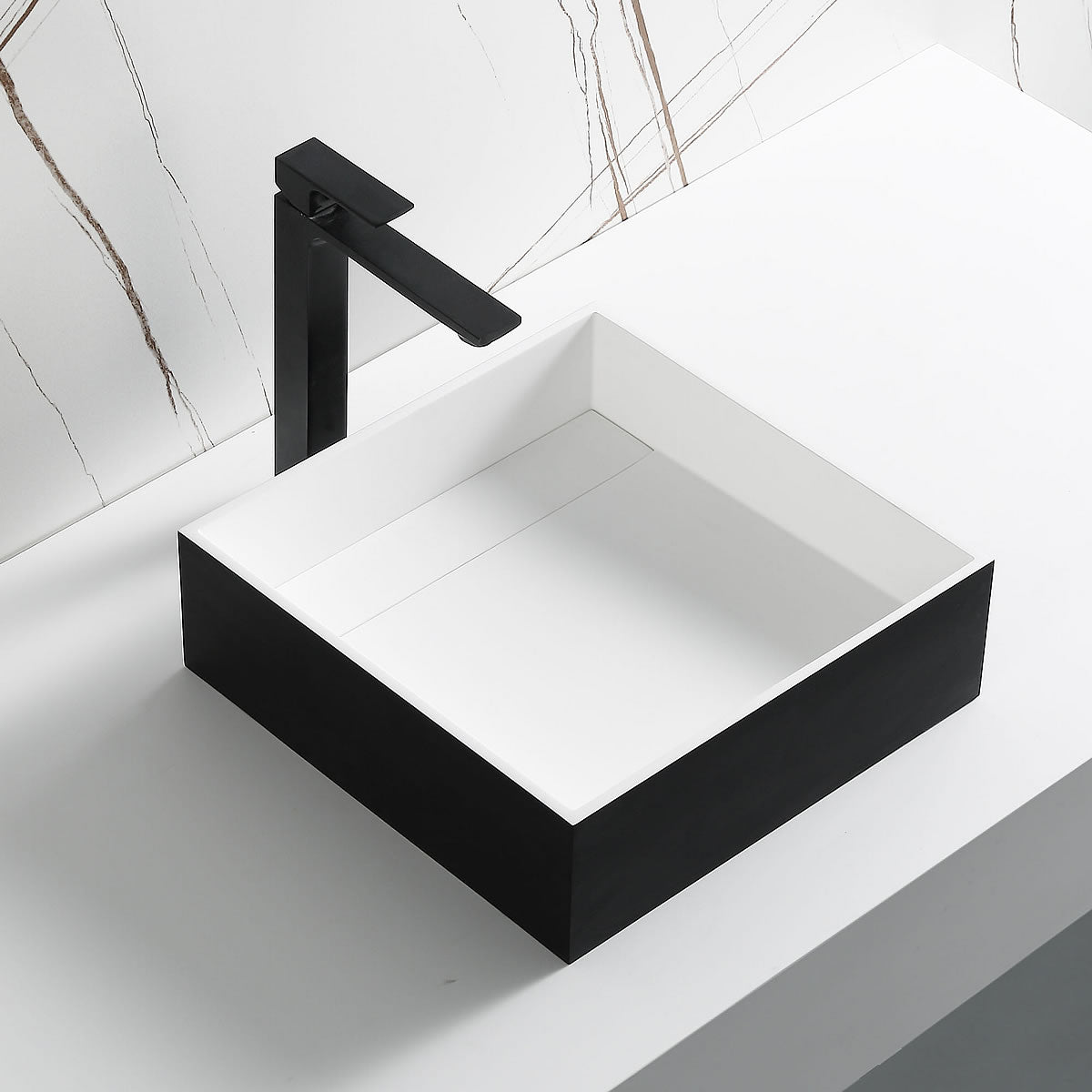 Square Black & White Resin Bathroom Sink, faucet not included.