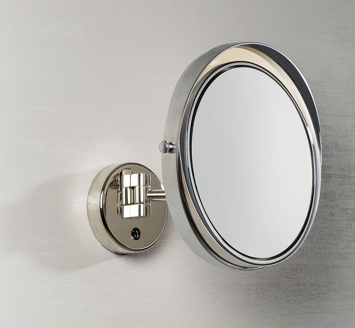By Tistan Auer the "Lord" Makeup Mirror in Polished Chrome, Matte Chrome, and Polished Nickel.