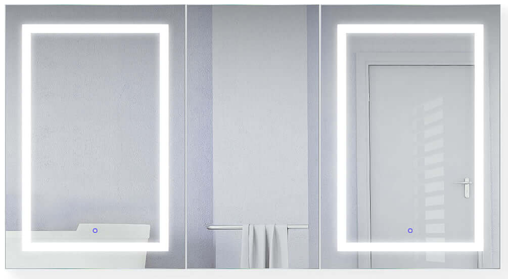66" Wide, both doors LED lit with defoggers, and with interior inset 3x Magnifying Mirrors