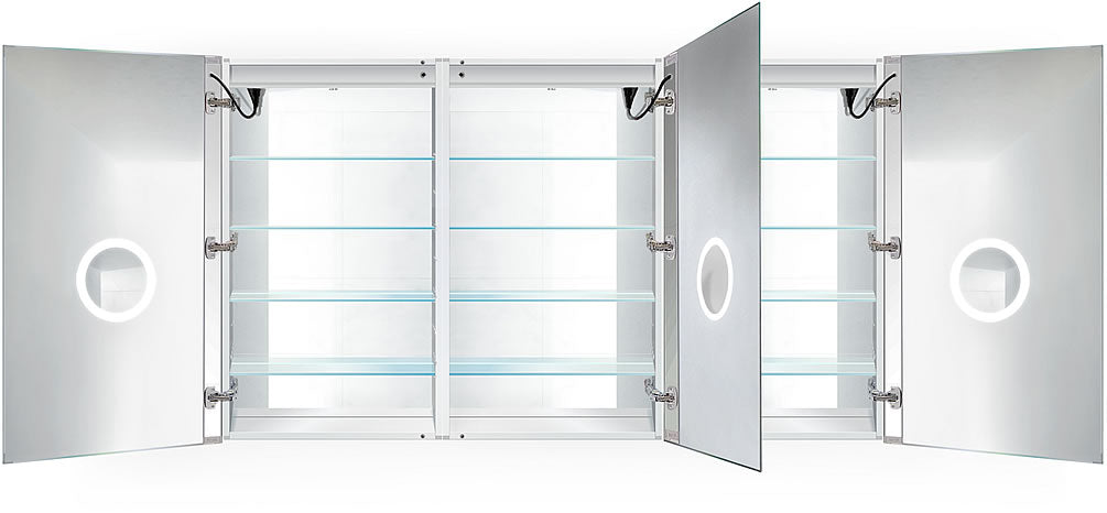 LRR Configuration, Svange Triple-Wide all doors LED lighted, each with 3x inset LED Makeup Mirror and defogger.  72" x 42" High shown.