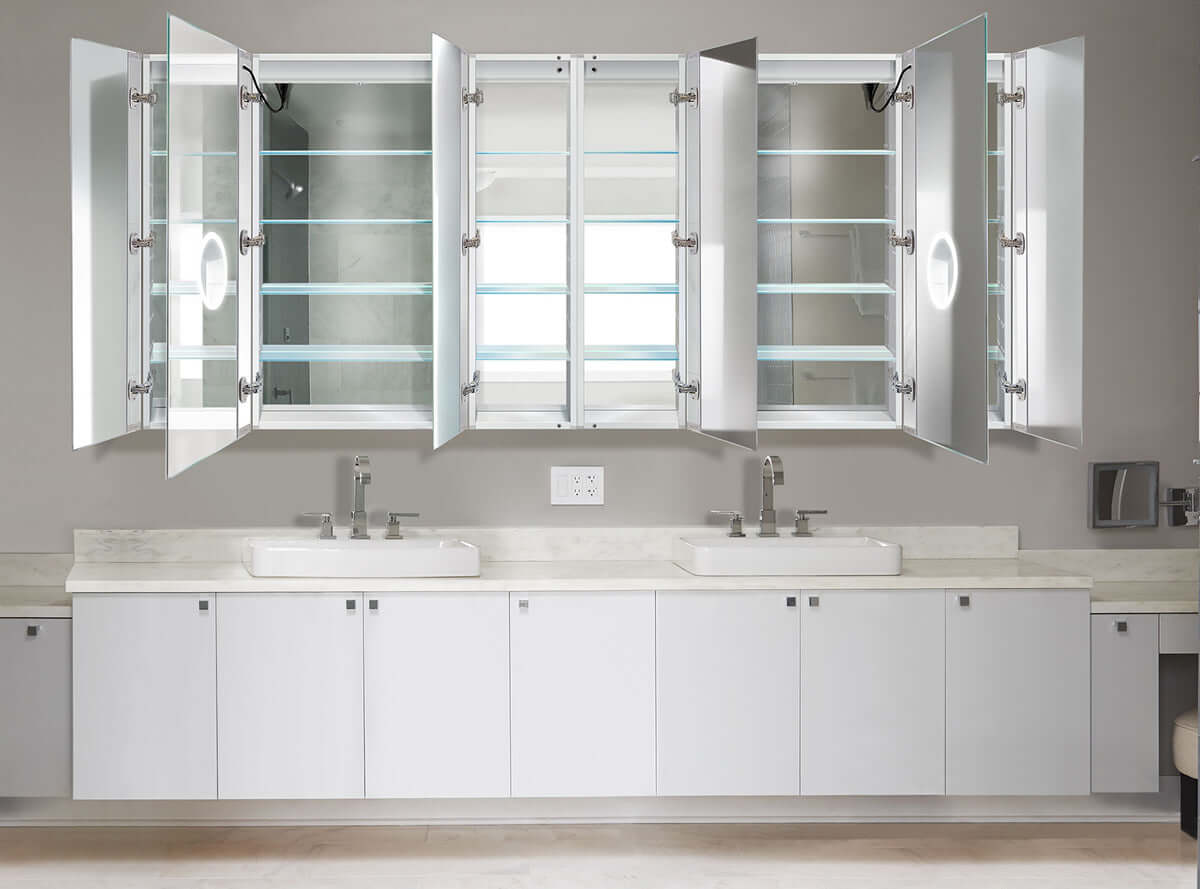 Svange Mega-6 96" x 42"  shown.  3 Doors open left, 3 open right.  Two center doors on each side are LED illuminated with interior inset 3x Makeup Mirror