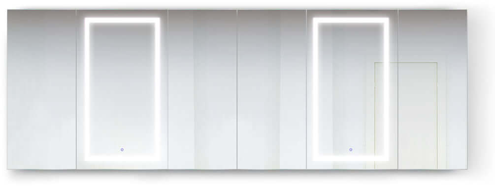 Svange Mega-6 120" x 42"  shown.  3 Left doors open left, 3 open right.  Two center doors on each side are LED illuminated with interior inset 3x Makeup Mirror