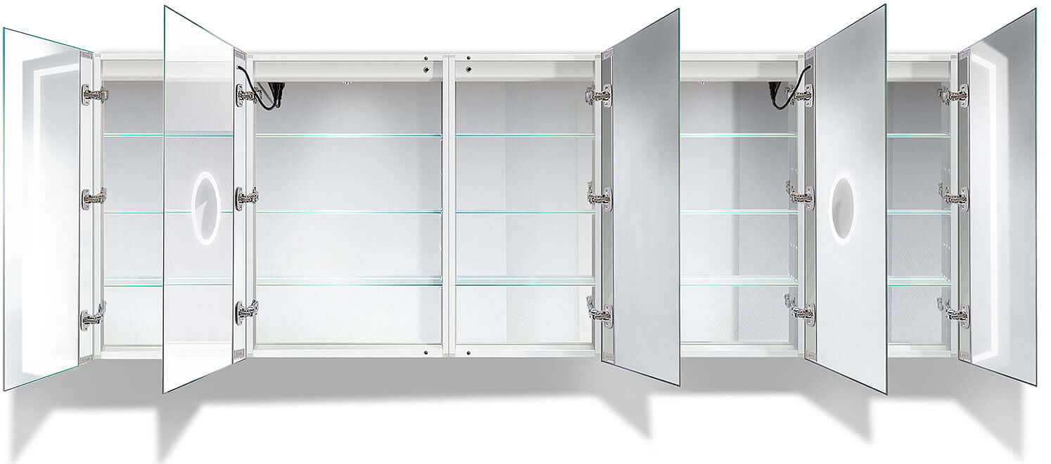 Krugg Reflections 102" Wide Svange LED 5-Bay Penta Medicine Cabinet w/ Dimmer & Defogger -2 Heights