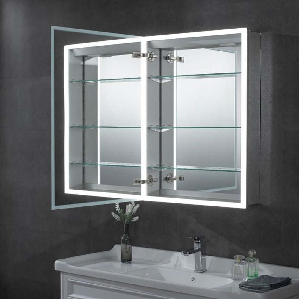 Left-swinging door, fully mirrored inside and outside.  Thelight and defogger turn on together, so if one is on, both are on.